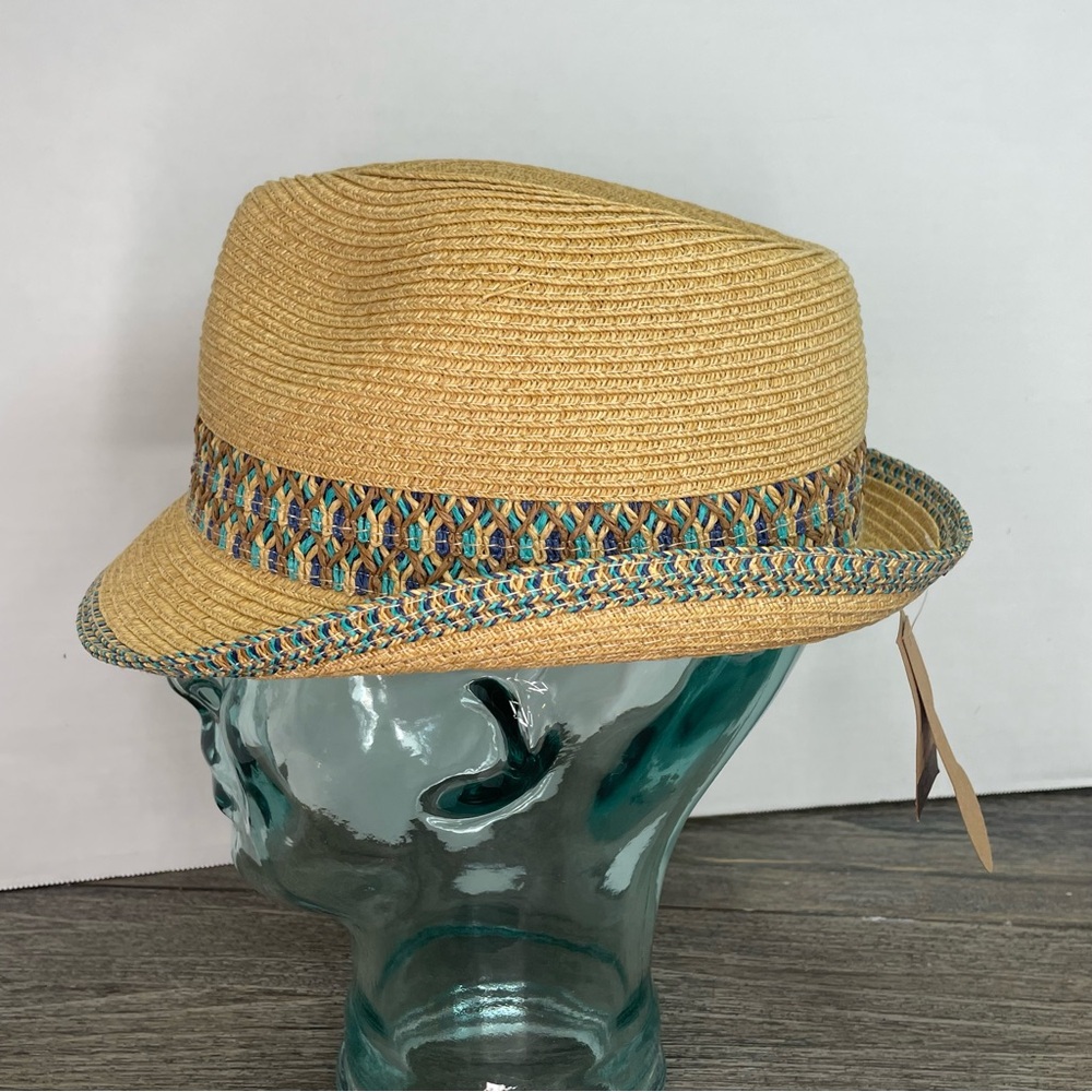 C.C Straw Fedora Hat with Turquoise and Purple Trim - Picture 6 of 11